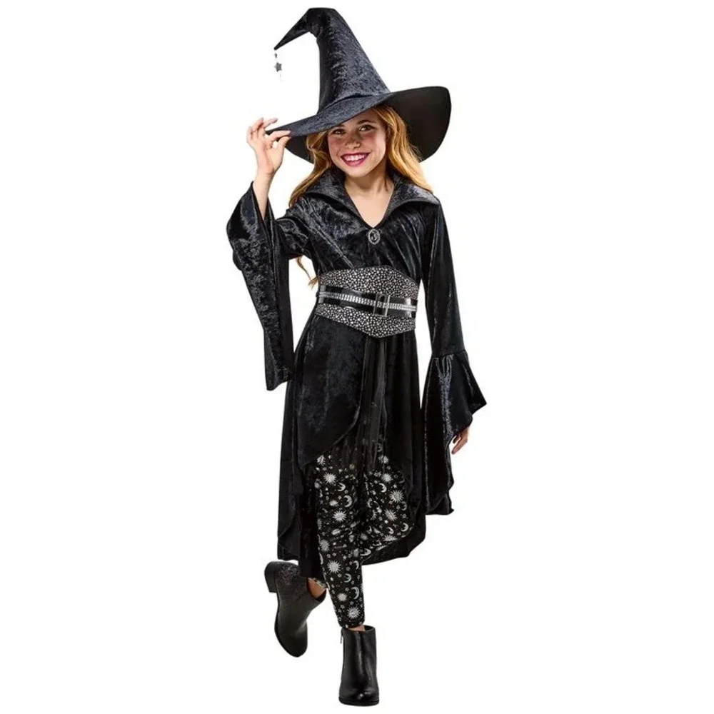 Rubies Coven Witch Costume Girls Medium 7-8 Black Velvet Dress Leggings Hat
